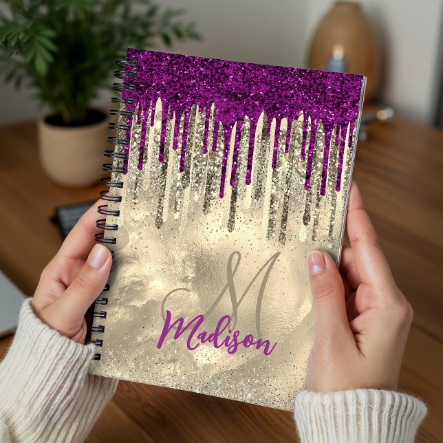 Chic gold and hot pink drips monogram notebook (Creator Uploaded)