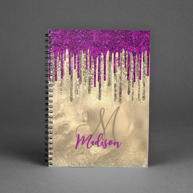 Chic gold and hot pink drips monogram notebook (Creator Uploaded)