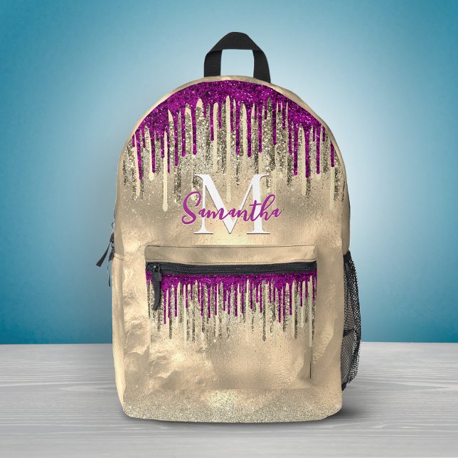Chic gold and hot pink drips monogram printed backpack (Creator Uploaded)