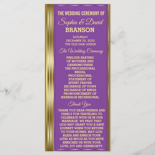 Chic Gold and Royal Purple Wedding Custom Program Programme (Front)