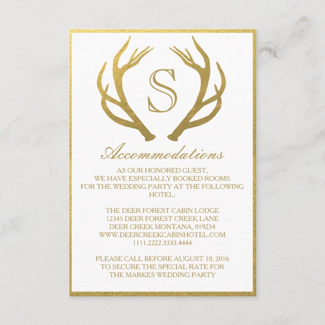 CHIC GOLD | ANTLER WEDDING ACCOMMODATION CARD (Front)
