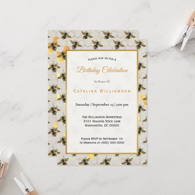 Chic Gold Bees Honeycomb Birthday Invitation (Front/Back In Situ)