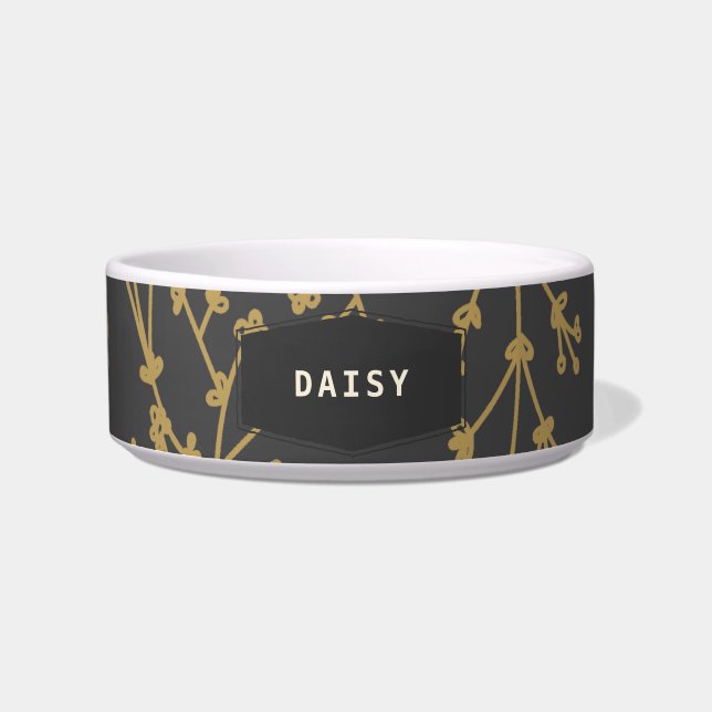 Chic Gold Black Botanical Personalised Pet Bowl (Front)