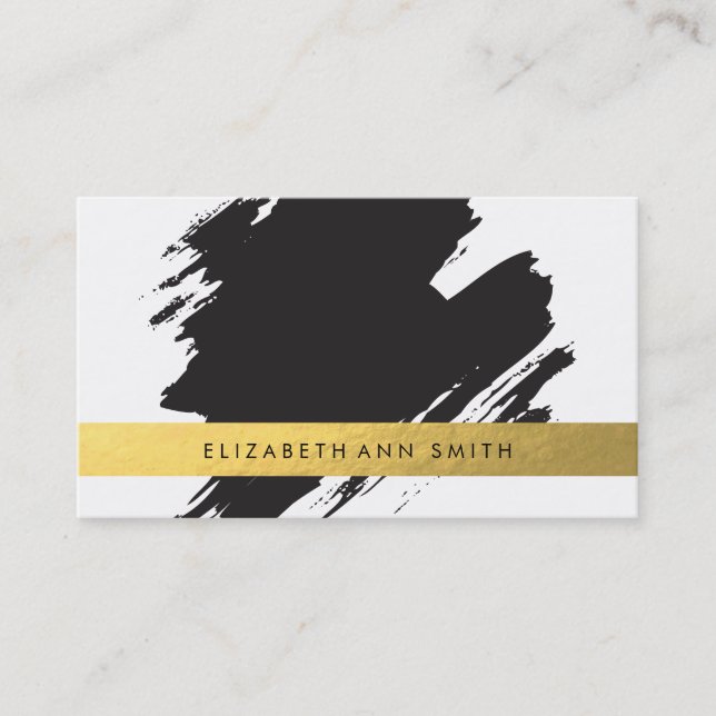 Chic Gold Black Brushstrokes Business Card (Front)