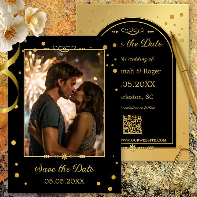 Chic Gold Black Confetti Photo Save the Date (Save the Date card showing your own photo framed by a festive design with confetti on gold and black)