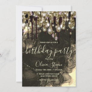 Chic gold black drippings glitter monogram invitation