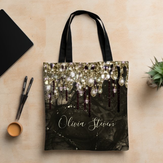 Chic gold black drippings glitter monogram tote bag (Creator Uploaded)