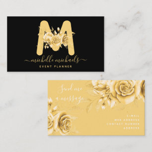 Chic Gold Black Floral Watercolor Monogram Business Card