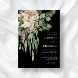 Chic Gold Black Floral Wedding   Foil Invitation