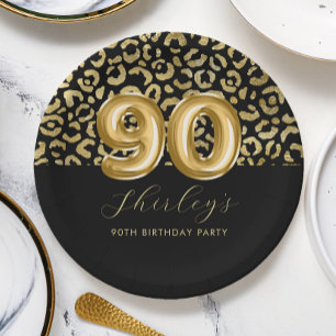 Chic Gold Black Leopard Print 90th Birthday Paper Plate