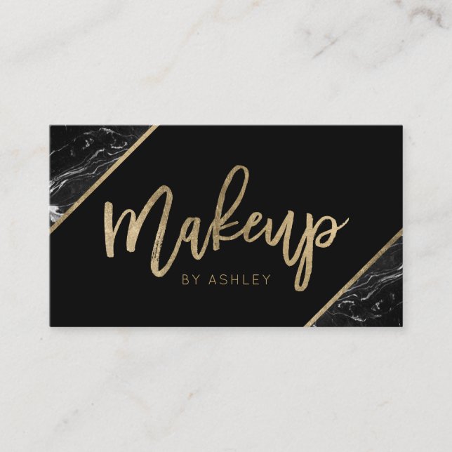 Chic Gold black marble script makeup typography Business Card (Front)