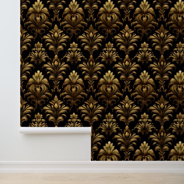 Chic Gold Black Ornamental Damask Peel And Stick Wallpaper (Application)