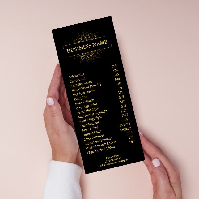 Chic Gold & Black Professional Salon Service Rack Card (Creator Uploaded)