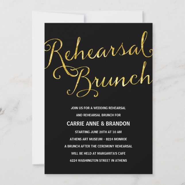 Chic Gold & Black Rehearsal Brunch Invitation (Front)