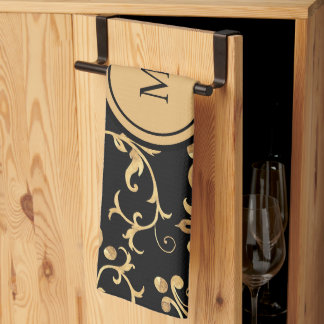 Chic Gold Black Royal Monogram Damask Tea Towel