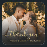 Chic Gold Black Script Wedding Thank You Photo Square Sticker<br><div class="desc">Modern Elegant Pretty Black and Gold Calligraphy Script Thank You | Couple Photo Wedding sticker/label for yor gift favour. Featuring an elegant handwritten style calligraphy overlay with text „Thank You” on black gradient.</div>
