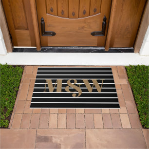 Chic gold black white stripes custom monogram  doormat