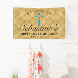 Chic Gold Blue Cross Dove First Communion Welcome Banner