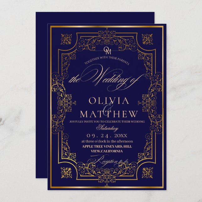 Chic Gold Blue Script Wedding Invitation (Front/Back)