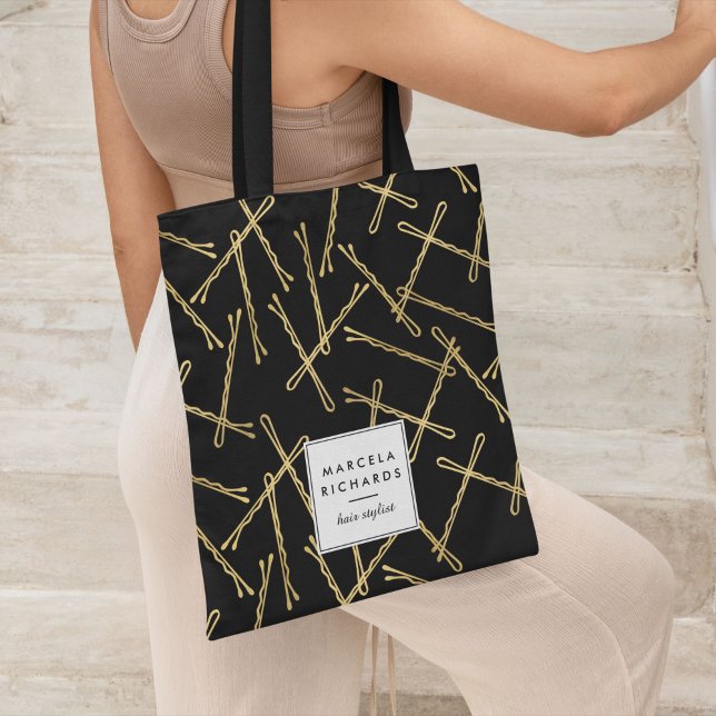 Chic Gold Bobby Pins Black Personalised Tote Bag (Creator Uploaded)