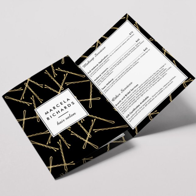 Chic Gold Bobby Pins Hair Salon Black Brochure (Creator Uploaded)