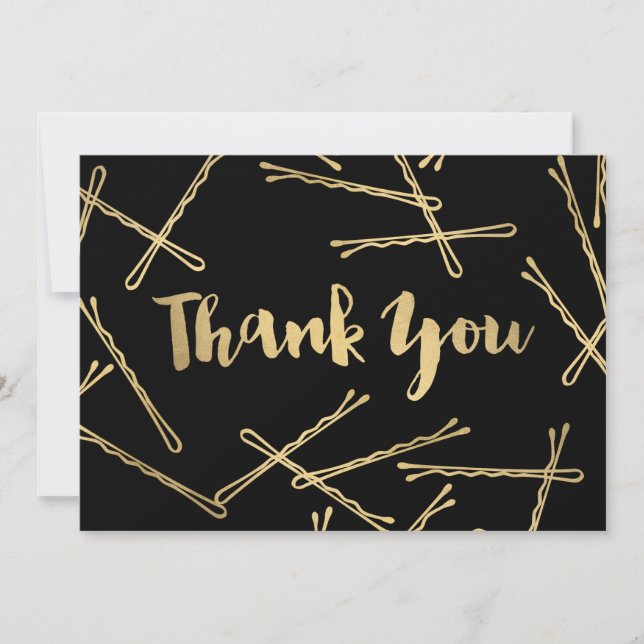 Chic Gold Bobby Pins Hair Salon Black Thank You Card (Front)