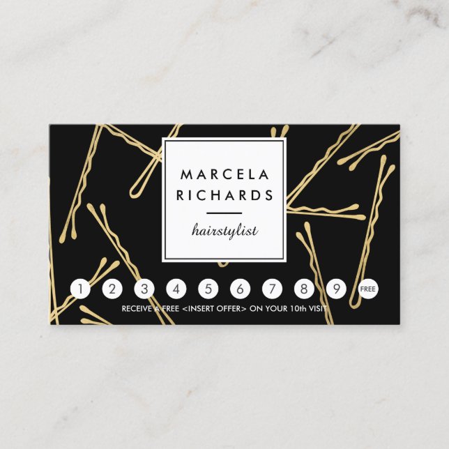 Chic Gold Bobby Pins Hair Stylist Black Loyalty Card (Front)