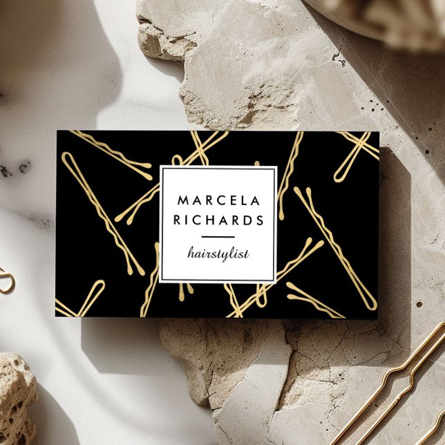 Chic Gold Bobby Pins Hair Stylist Salon Black Business Card (Creator Uploaded)
