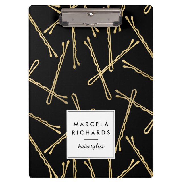 Chic Gold Bobby Pins Hair Stylist Salon Black Clipboard (Front)