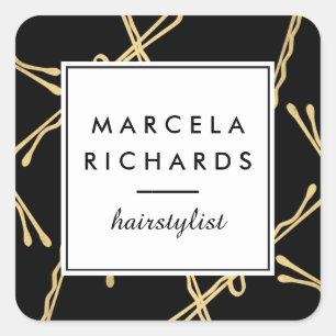 Chic Gold Bobby Pins Hair Stylist Salon Black Square Sticker
