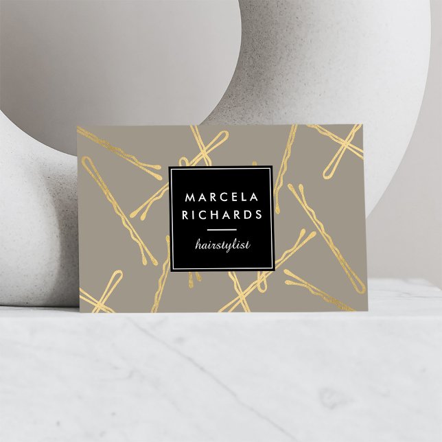 Chic Gold Bobby Pins Hair Stylist Salon Grey Business Card (Creator Uploaded)