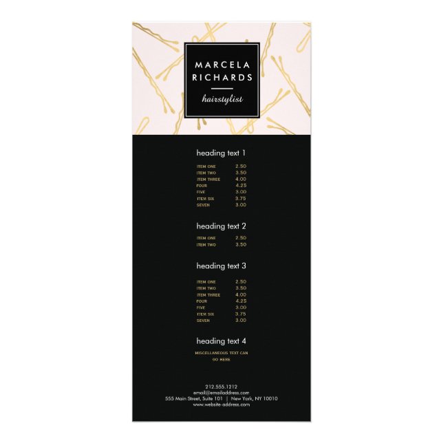 Chic Gold Bobby Pins Hair Stylist Salon Pink Rack Card (Front)