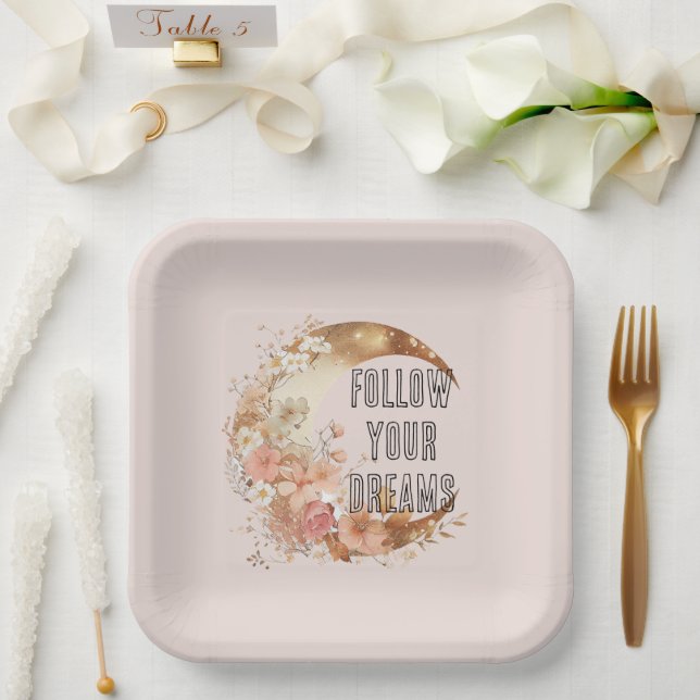Chic Gold Boho Blush Pink Floral Birthday Paper Plate (Wedding)