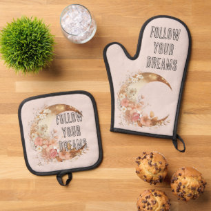 Chic Gold Boho Blush Pink Floral Oven Mitt & Pot Holder Set