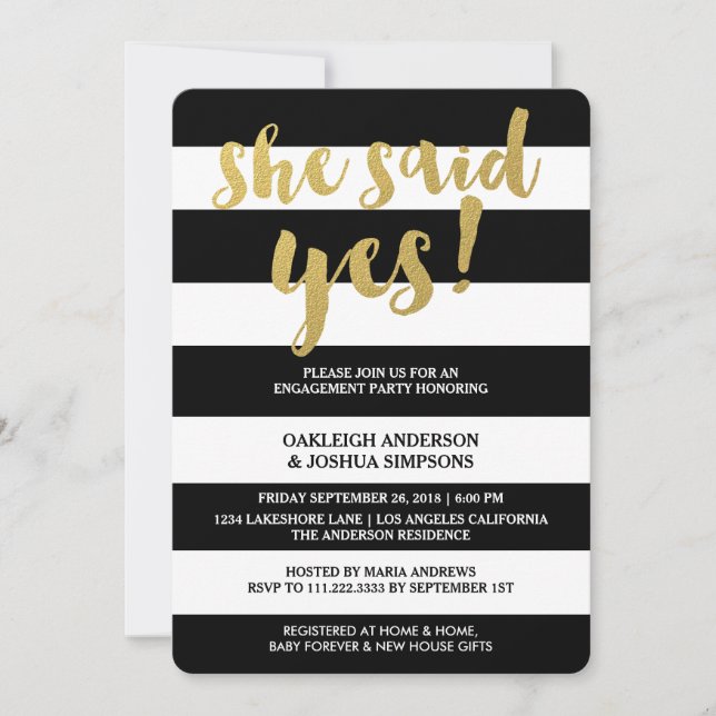 Chic Gold | Bold Black Stripe Engagement Party Invitation (Front)