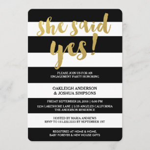 Chic Gold   Bold Black Stripe Engagement Party Invitation