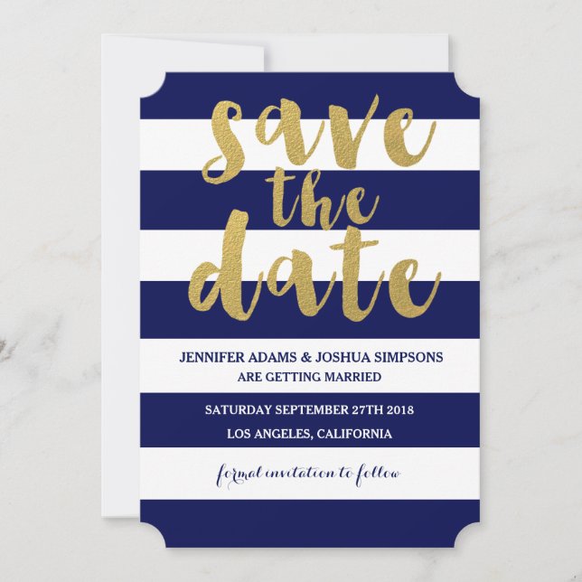 Chic Gold | Bold Blue Stripe Save the Date Invitation (Front)
