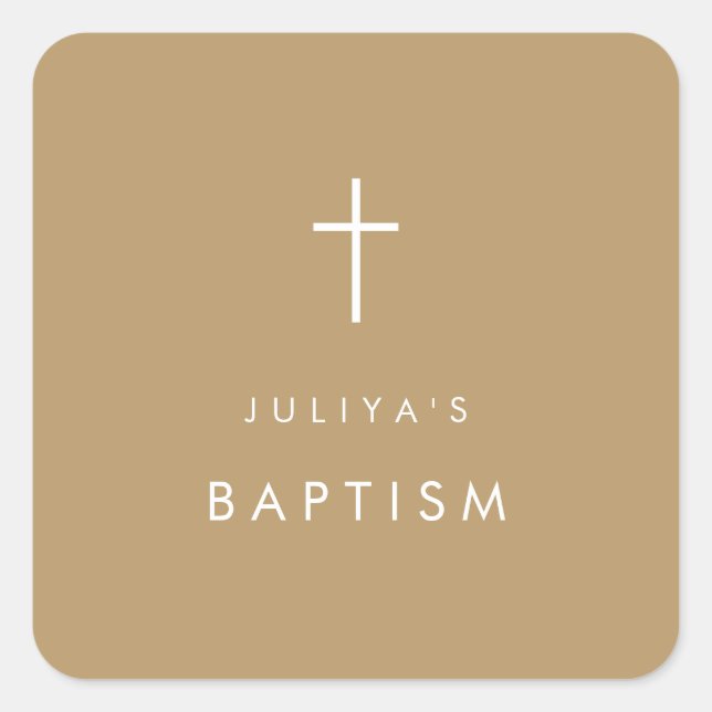 Chic Gold  brown cross Baptism  Square Sticker (Front)