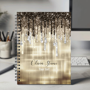 Chic gold brown drippings glitter monogram notebook