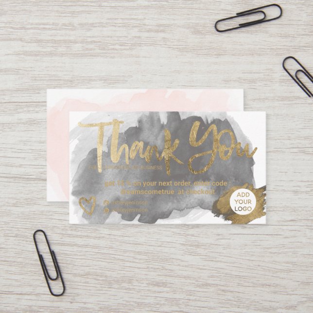 Chic gold brush font pink brush order thank you business card (Front/Back In Situ)