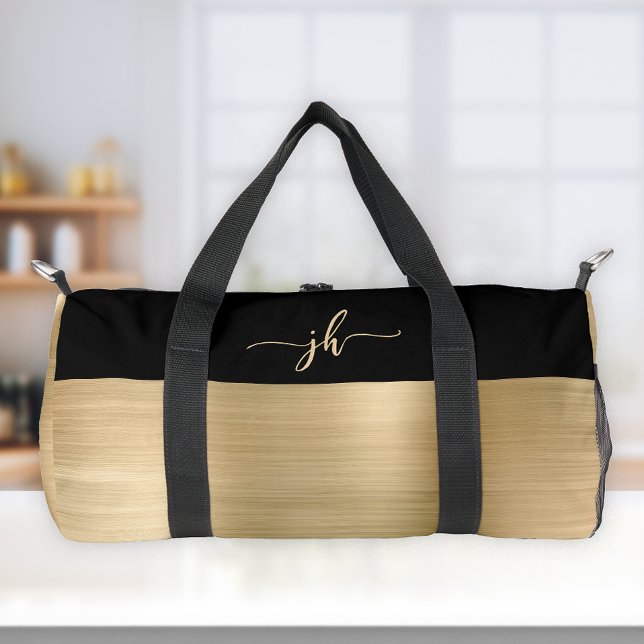 Chic Gold Brushed Metal Black Script Monogram  Duffle Bag (Creator Uploaded)