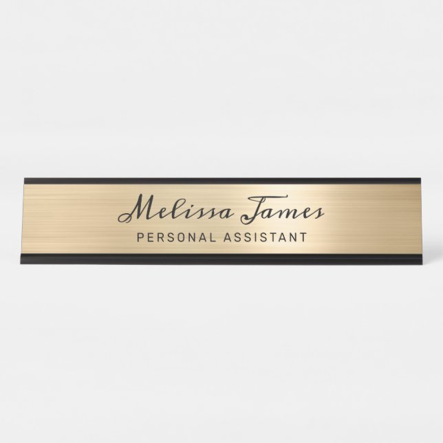 Chic Gold Brushed Metal Black Script Name Desk Name Plate (Front)