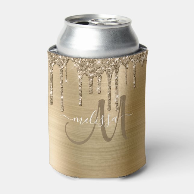 Chic Gold Brushed Metal Dripping Glitter Monogram Can Cooler (Can Front)