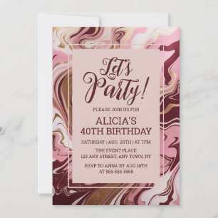 Chic Gold Burgundy Pink Marble Fluid Birthday Invitation