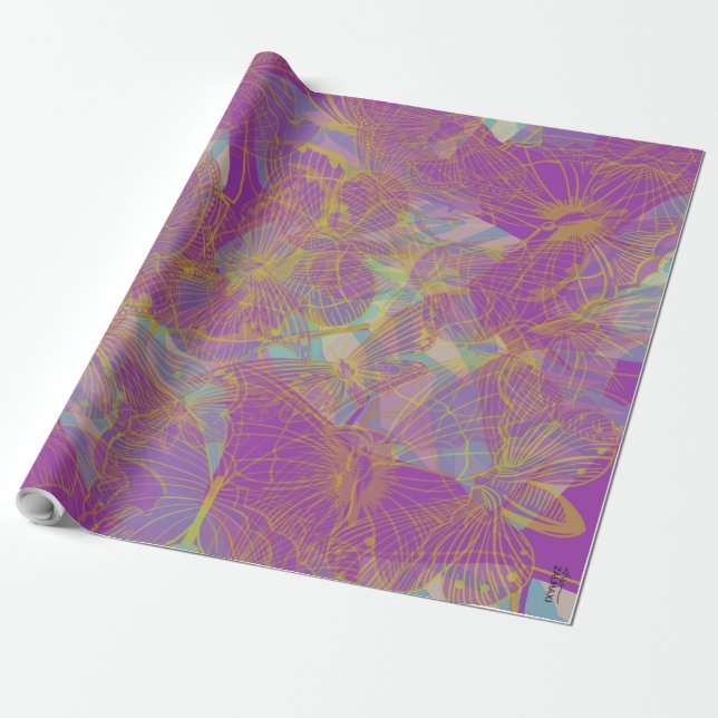 Chic Gold Butterfly Aqua Violet Wrapping Paper (Unrolled)