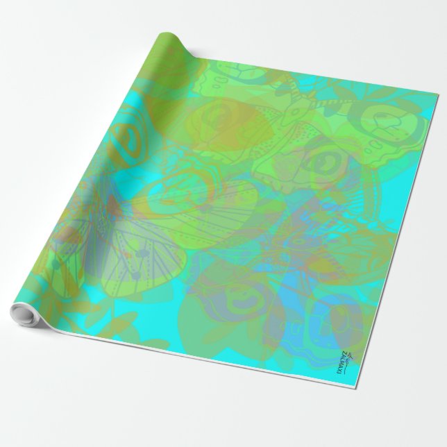 Chic Gold Butterfly Aquamarine Wrapping Paper (Unrolled)