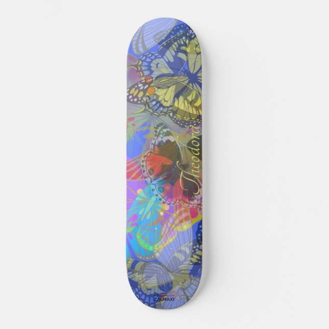 Chic Gold Butterfly Bleu Yellow Skateboard (Front)