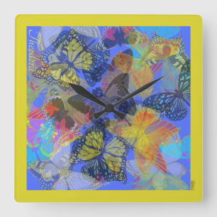 Chic Gold Butterfly Bleu Yellow Square Wall Clock