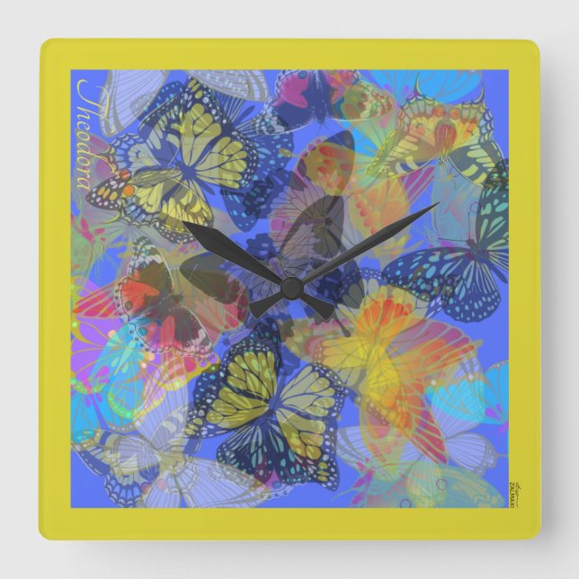 Chic Gold Butterfly Bleu Yellow Square Wall Clock (Front)