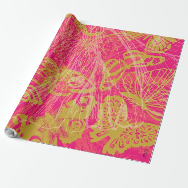 Chic Gold Butterfly Fuchsia Wrapping Paper (Unrolled)